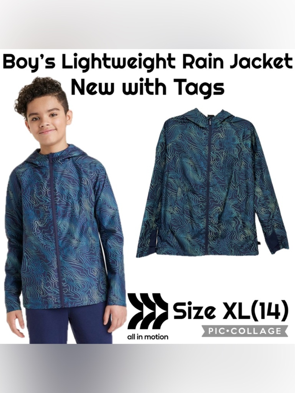 All In Motion Target Kids Zip-Up Hooded Lightweight Rain Jacket Boys Size XL(14)